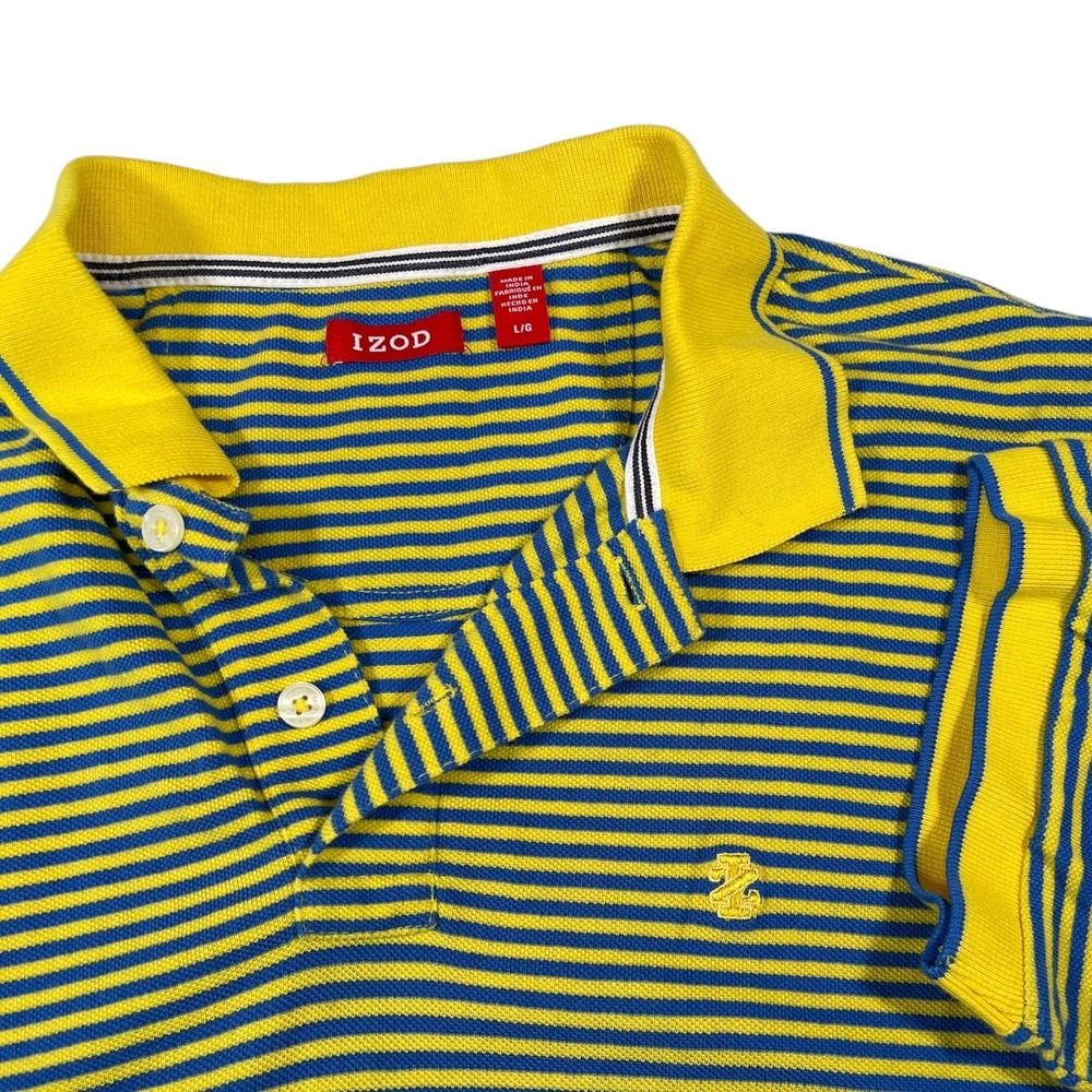 IZOD Large Yellow Blue Striped Polo Shirt Short Sleeve Pique Preppy Golfcore
